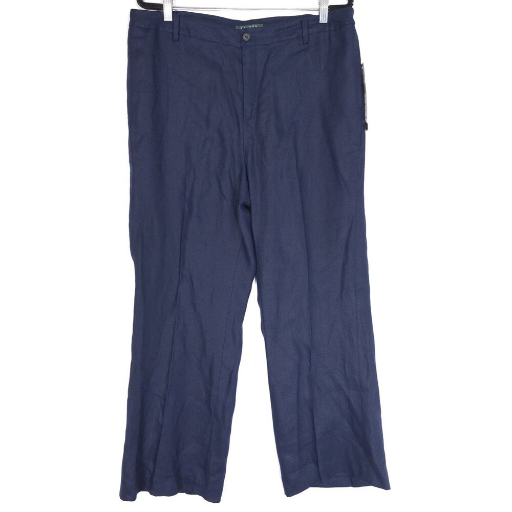 LAUREN RALPH LAUREN New Women’s Pants 16W Navy 100% LINEN Trousers Wide Leg
